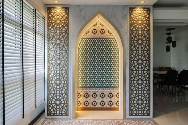 Partisi interior masjid kayu MDF laser cutting pola arabesque