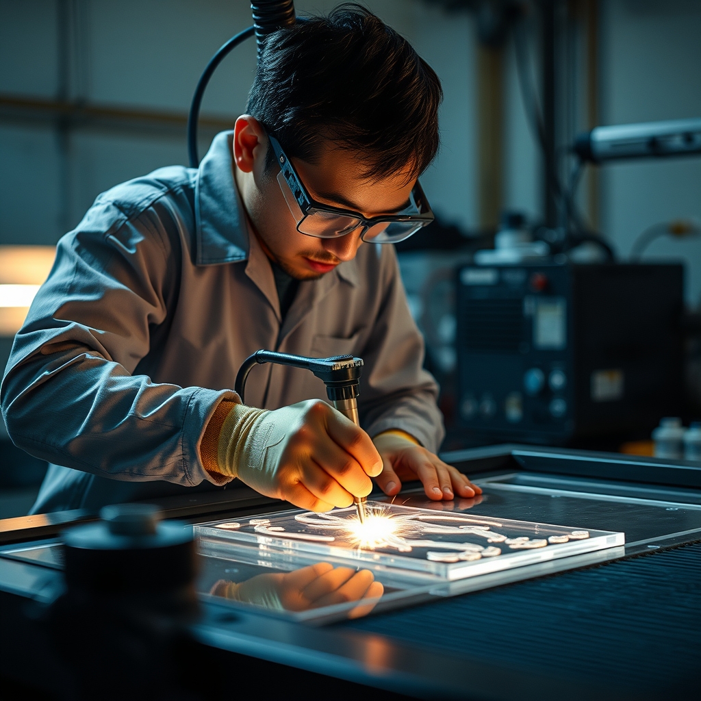 Operator memotong acrylic menggunakan mesin laser CO₂