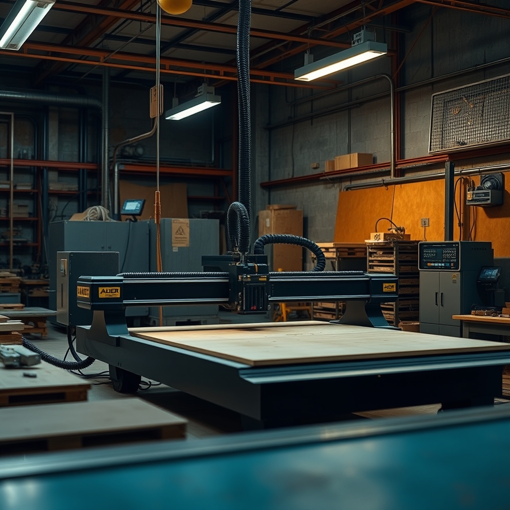 Workshop industri dengan mesin laser CO₂ dan CNC router