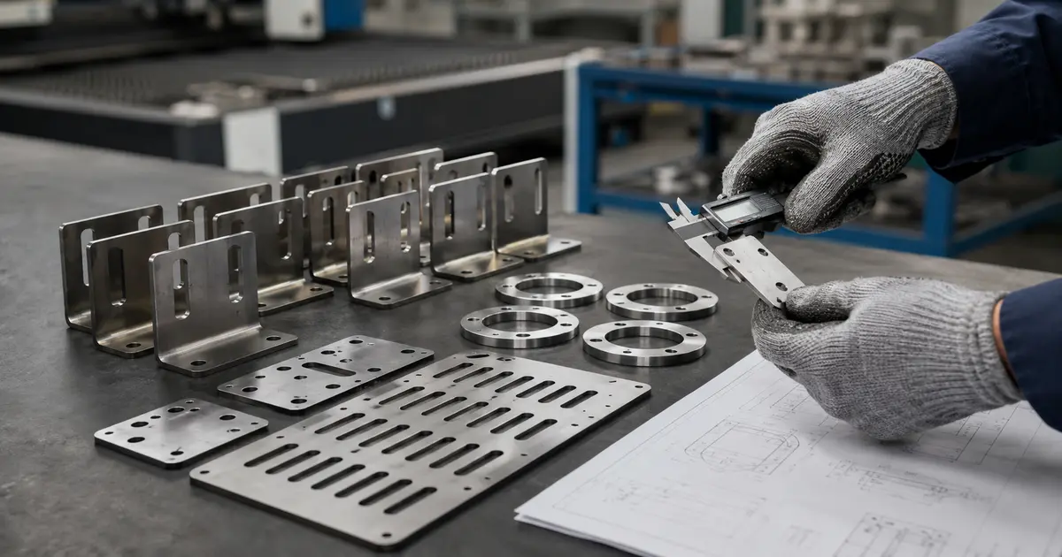 Teknisi mengukur batch custom part metal menggunakan kaliper digital